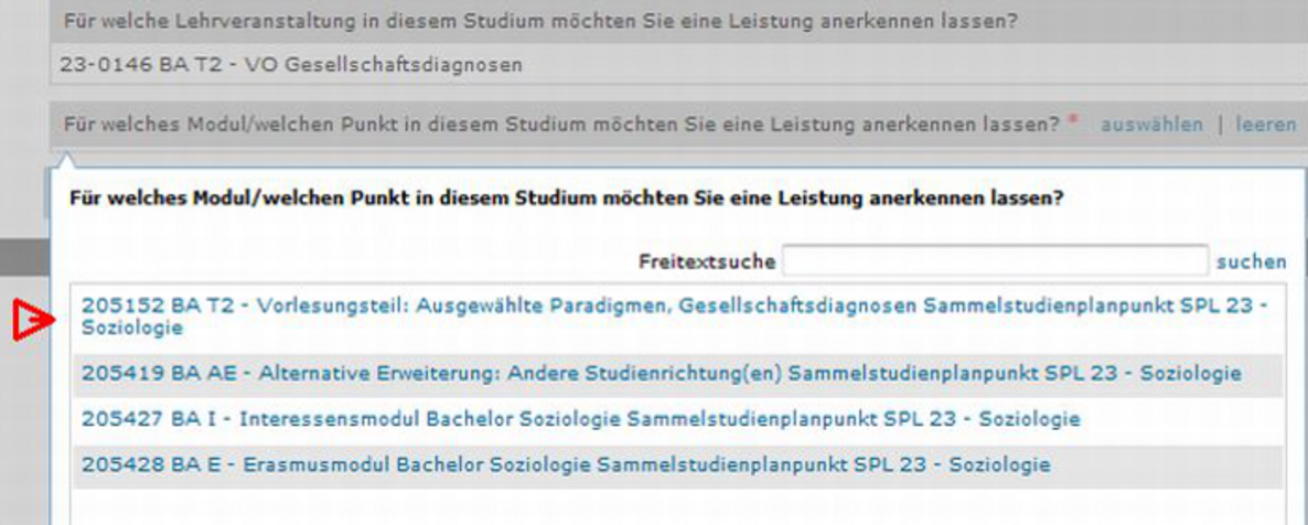 Screenshot u:space - Auswahl des Moduls