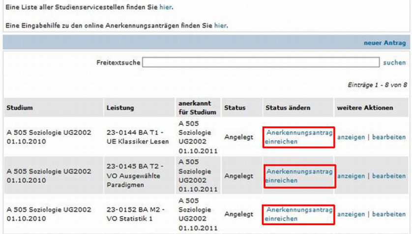 Screenshot u:space: Anträge vom Status angelegt in den Status "eingereicht" ändern