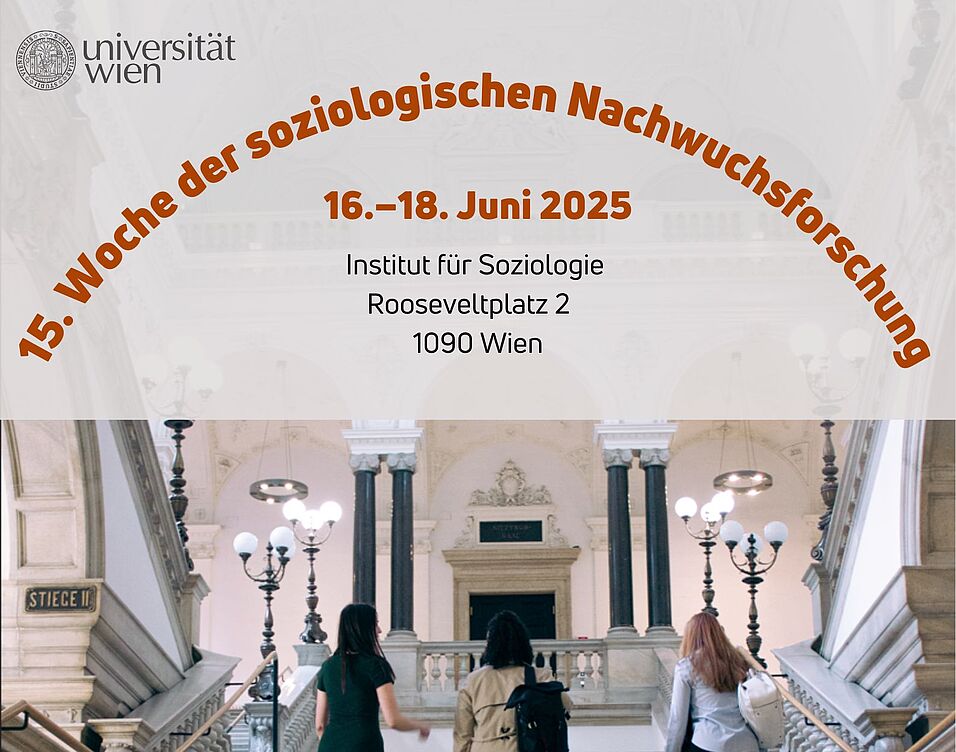 Plakatausschnitt Woche der soziologischen Nachwuchsforschung Plakat Woche der Nachwuchsforschung: Studierende auf einer Stiege im Hauptgebäude