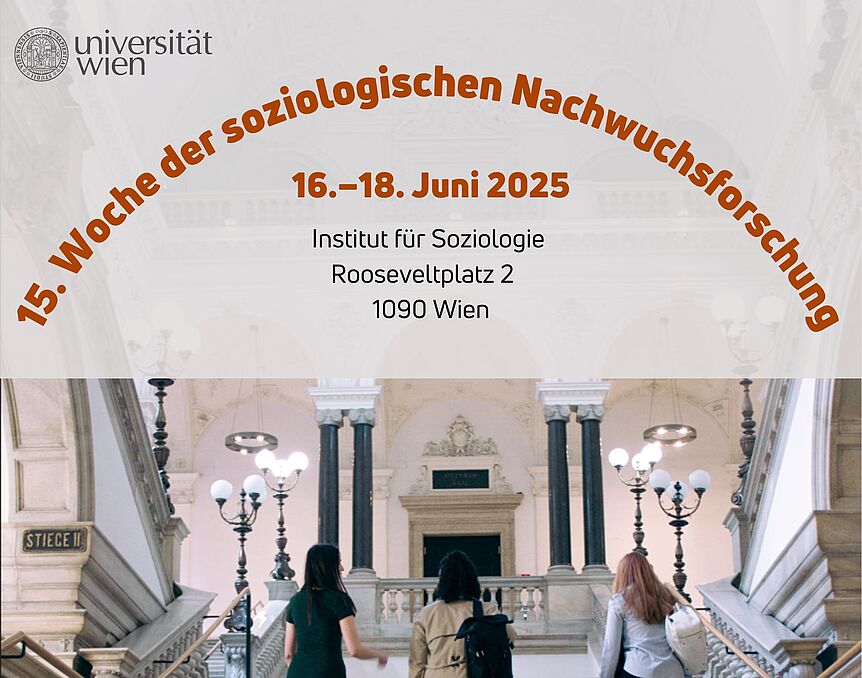 Plakat Woche der Nachwuchsforschung: Studierende auf einer Stiege im Hauptgebäude
