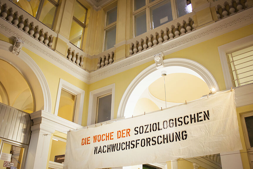 Banner der soziologischen Nachwuchsforschung im Foyer des Instituts  (Foto: J. Reichenpfader)
